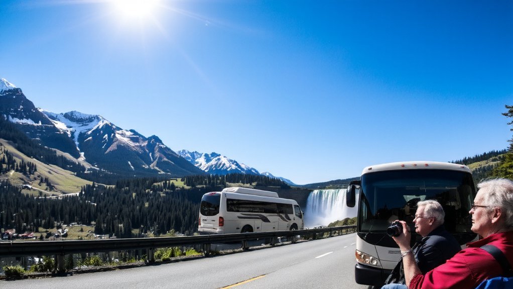 Canadian Senior Bus Tours: Coast to Coast Adventures bus lakeside mountain vistas